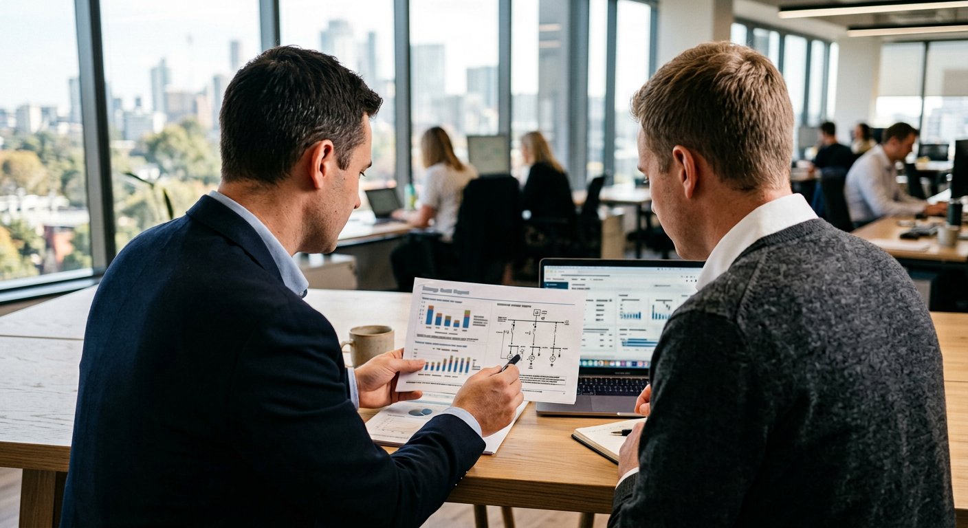 Consultants analyzing utility data and charts at a desk