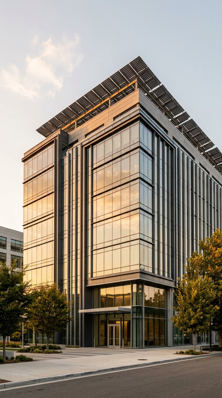 Commercial building with a rooftop solar array in golden-hour light