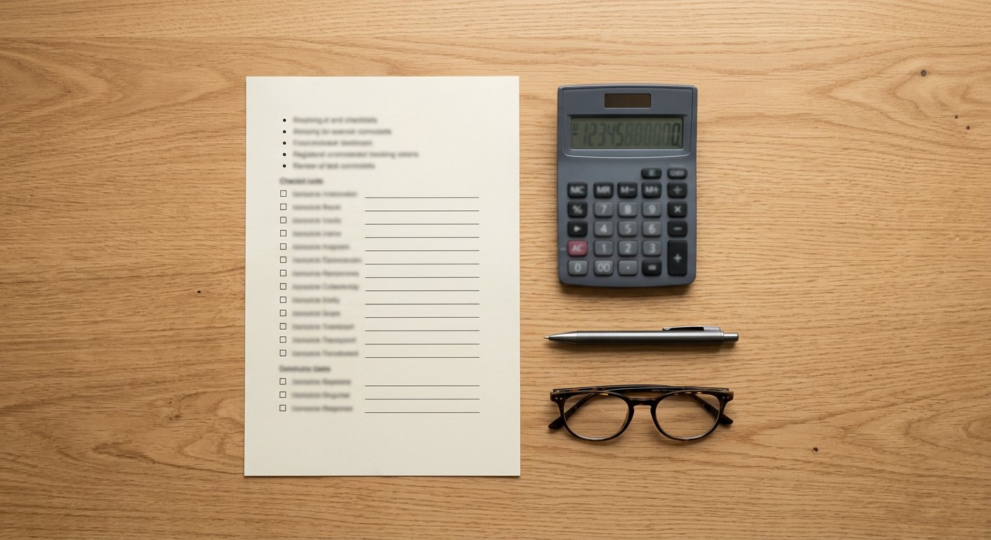 Desk with a checklist, calculator and pen for incentive applications