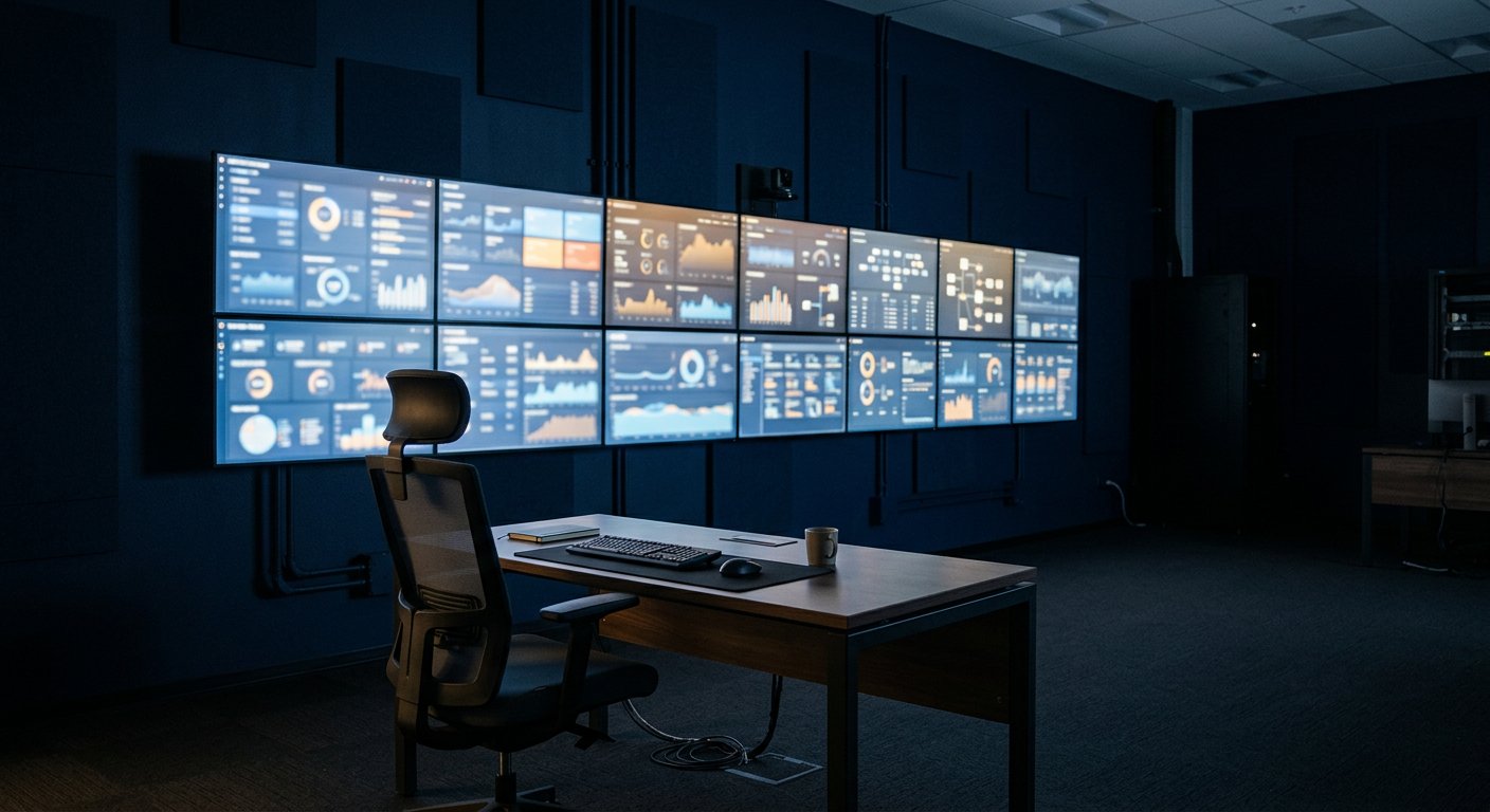 Building operations room with dashboards monitoring energy use