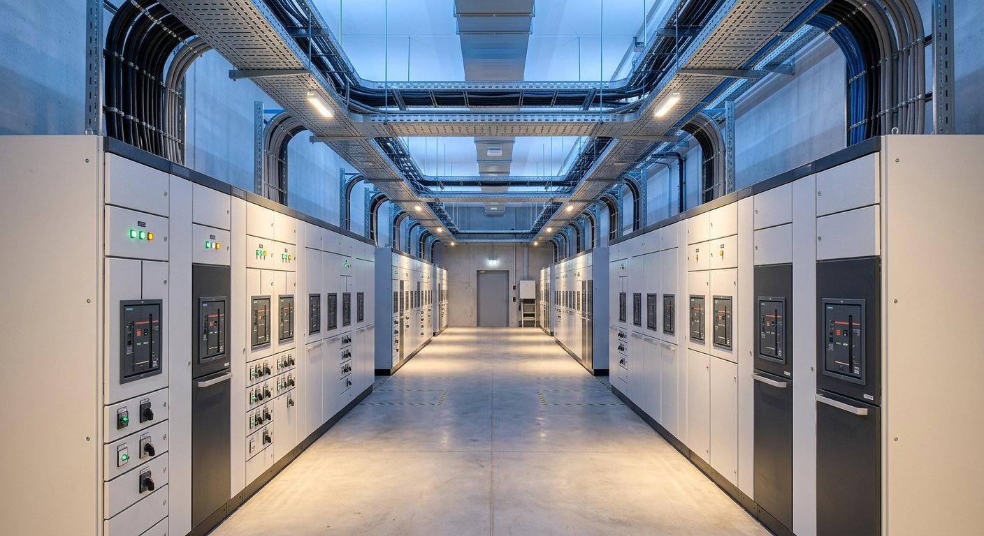 Row of electrical switchgear panels in a modern utility room